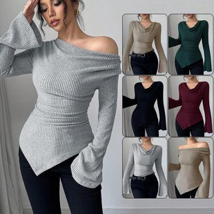 Blouse Off Shoulder - Damen-Bluse mit Langen Ärmeln, Einfarbig, Gerippter