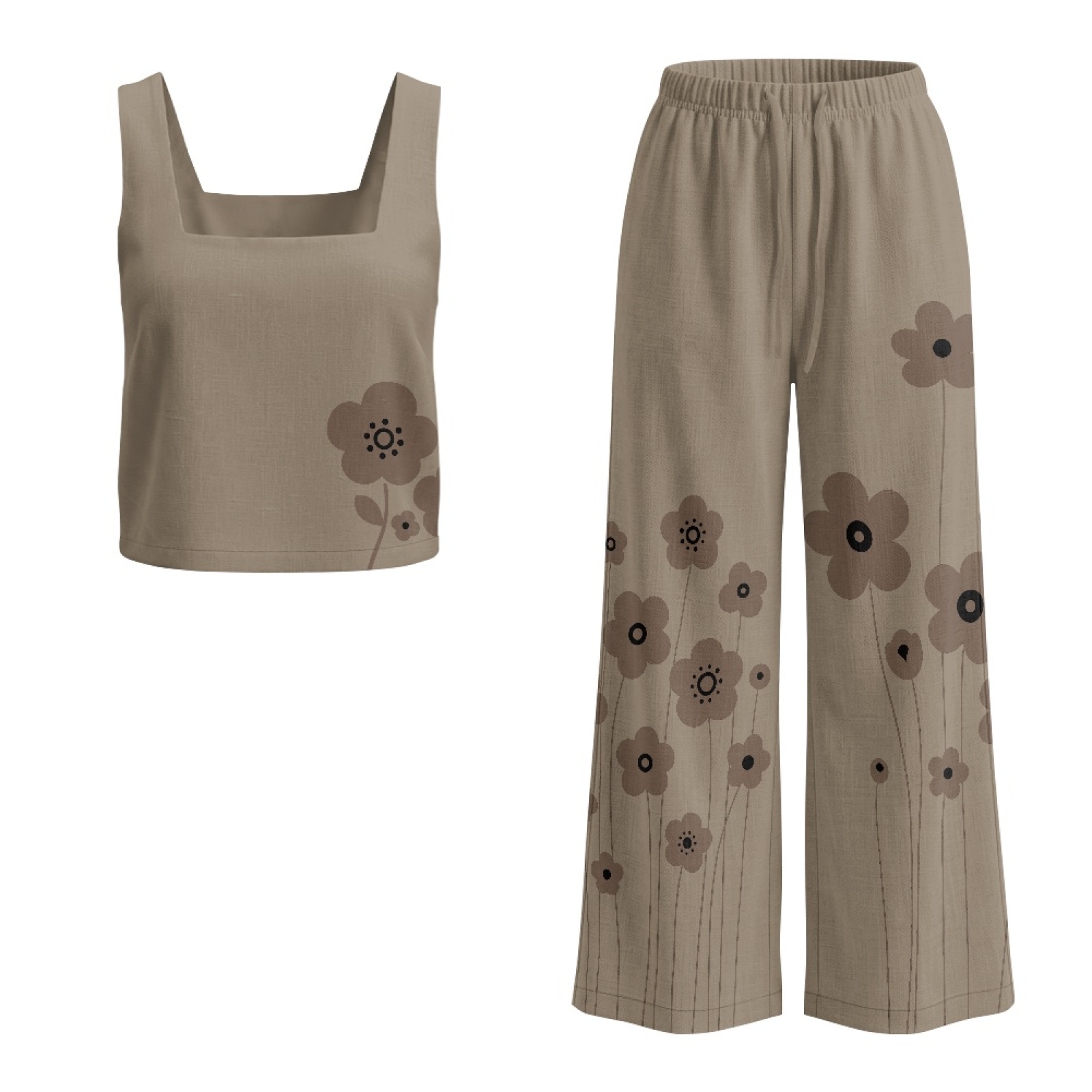 Linen Pant Wide - INSTANTARTS Damen-Leinenwesten-Set, Damen-Hose mit weitem Bein,