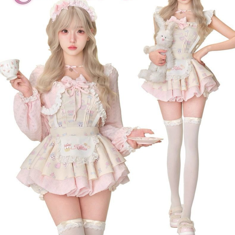 Crop Top Crochet - Japanisches süßes 3-teiliges Set im Lolita-Stil
