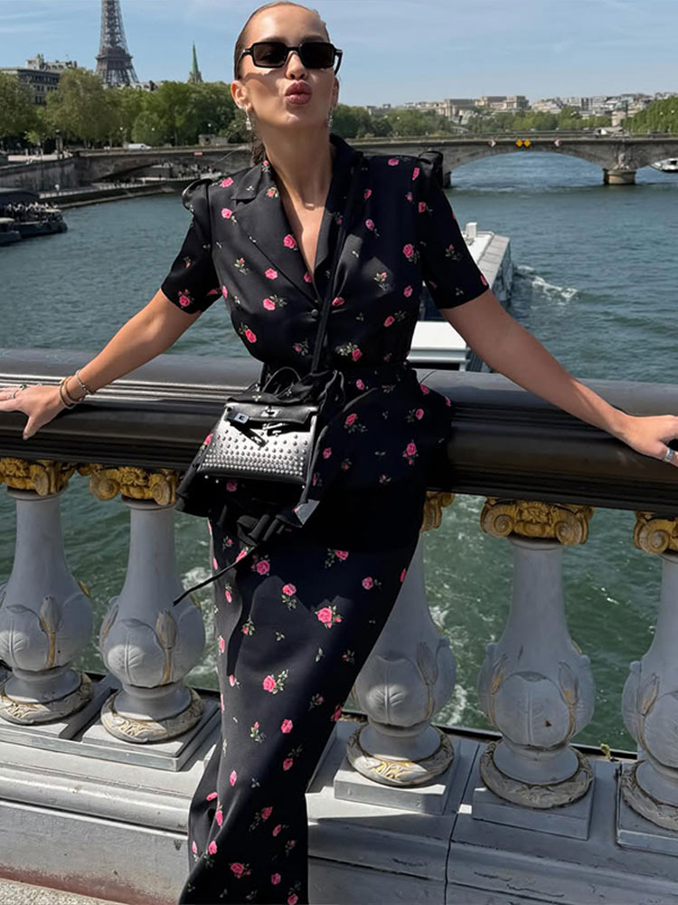 Romper Floral Print - Blumenmuster Blazer-Mantel-Rock-Sets für Damen, Eleganter Revers-Kurzarm-Einreiher-Mantel