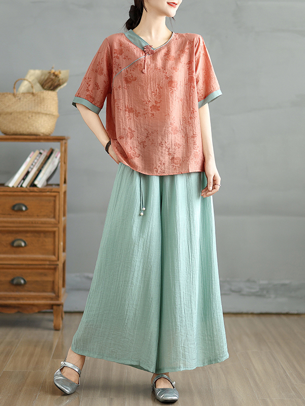 Linen Pant Wide - Chinesisches Blumenmuster Leinen-Seide V-Ausschnitt Kurzarm-Oberteil Weite