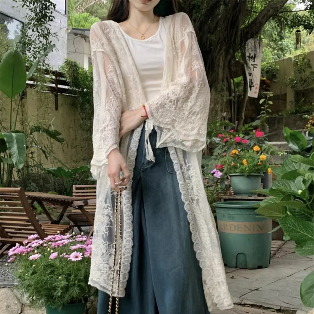 Kimono Sheer Floral - Leichte Spitzenbluse mit Schnürung, Stickerei, lockerer