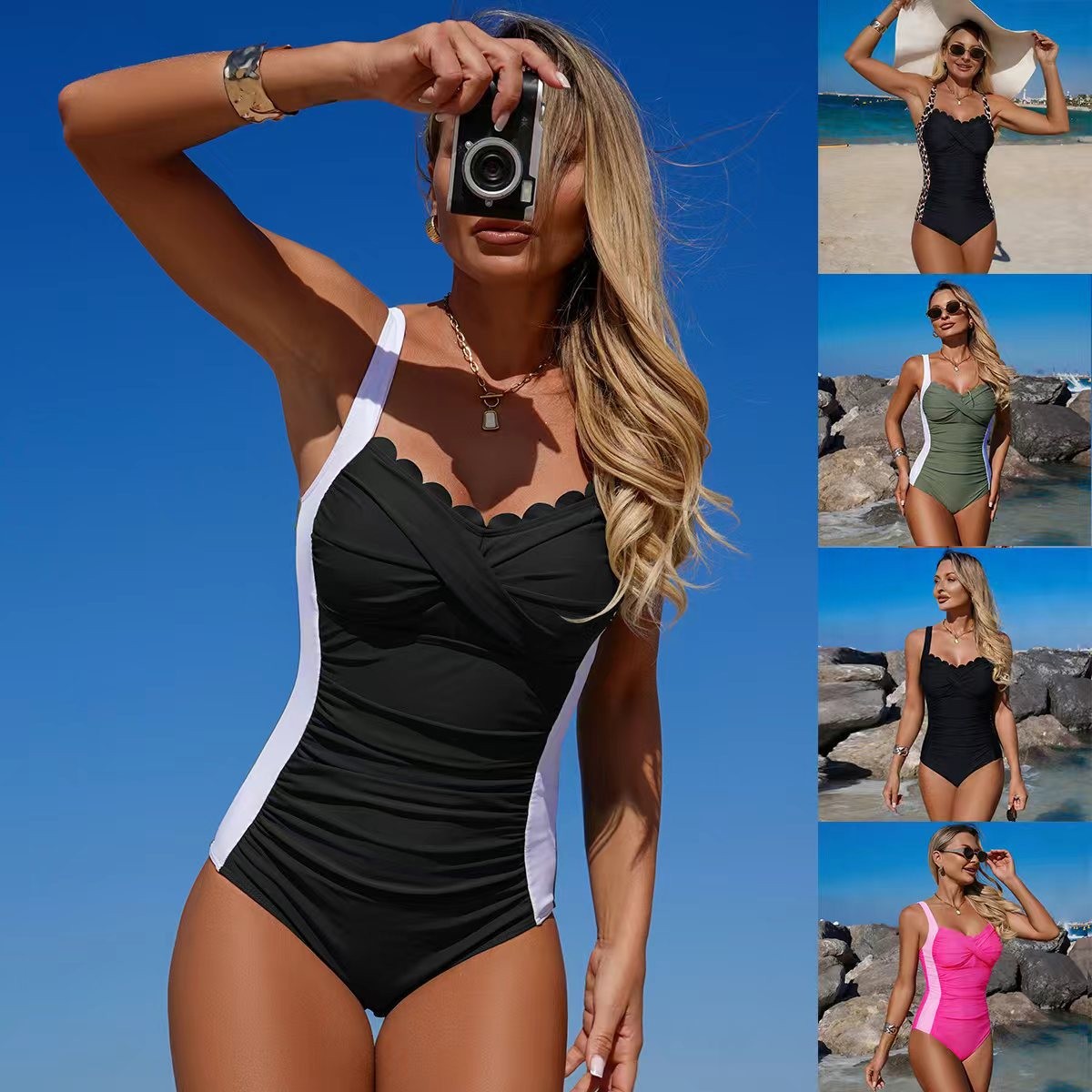 Swimsuit Bikini Ruched - Schwarzer Badeanzug mit Muschelkragen, verdrehter Frontpartie,