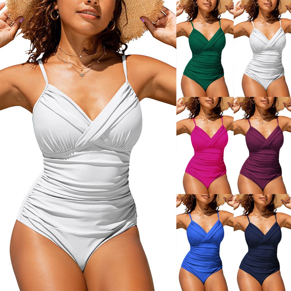 Swimsuit Bikini Ruched - Damen-Bikini-Tankini-Badeanzug, einfarbig, V-Ausschnitt, geraffte Taille, smaragdgrüner