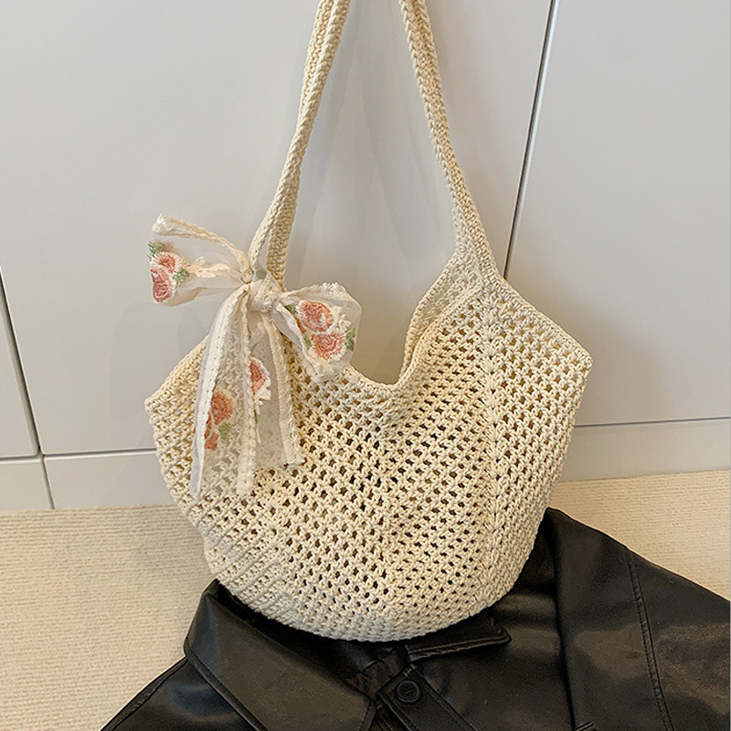 Crochet Bag Raffia - Sommerliche Spitzen-Schleifen-Tragetaschen für Damen: Große lässige
