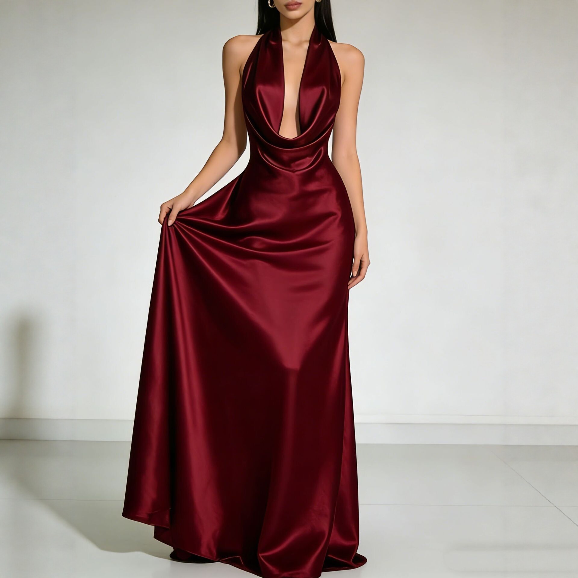 Maxi Dress Halter - Elegante Partykleider 2026 Hochzeitsgast-Kleider Satin Rückenfreies
