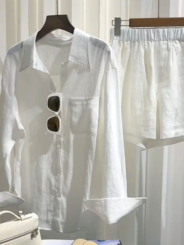 Linen Pant Wide - Sommer Damen Leinen-Hemd-Set Locker Sitzende Weite