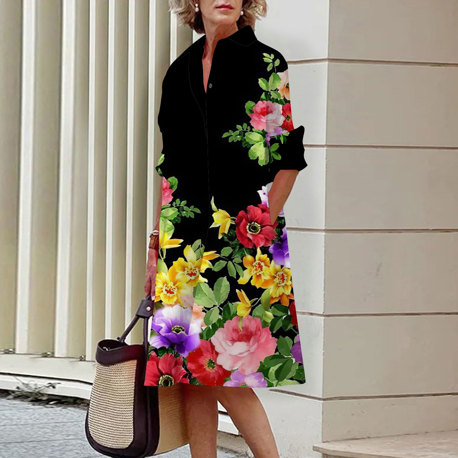 Midi Skirt Floral - Blumenmuster Hemdkleid Elegante Damen Sommer Casual