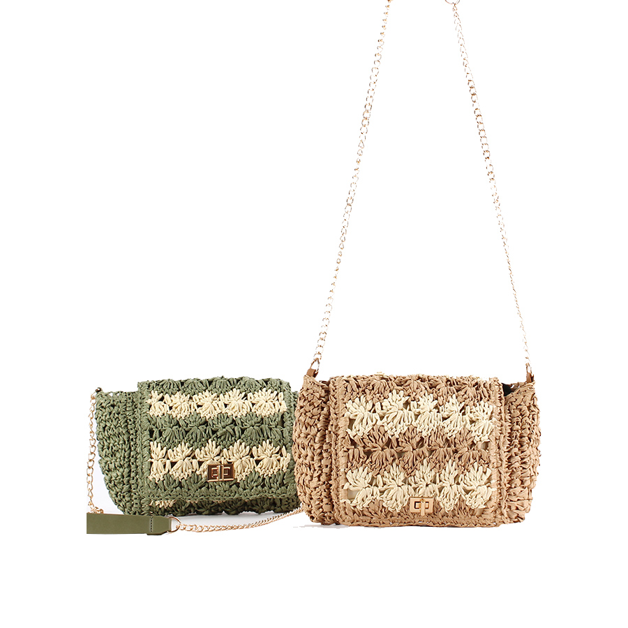 Crochet Bag Raffia - Stroh-Umhängetaschen für Damen, Sommer-Patchwork-Gewebte Schultertasche, Raffia-Strand-Handgelenktasche,