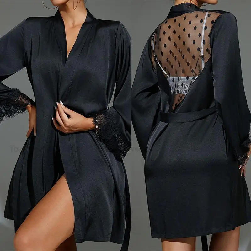 Kimono Sheer Floral - Kurzer Kimono Schwarz Sheer Mesh Robe