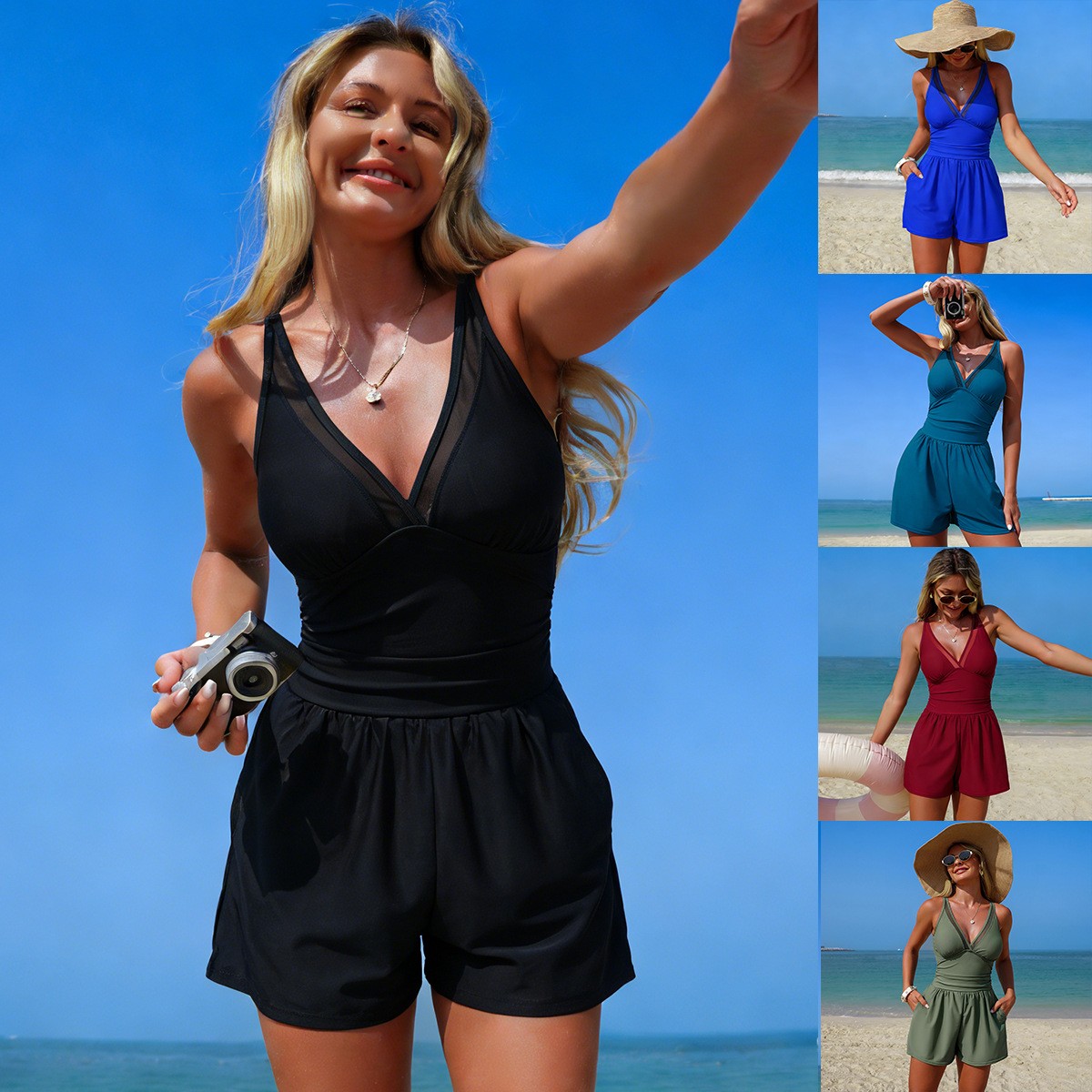 Swimsuit Bikini Ruched - Schwarzer, einfarbiger, ärmelloser Badeanzug mit V-Ausschnitt,