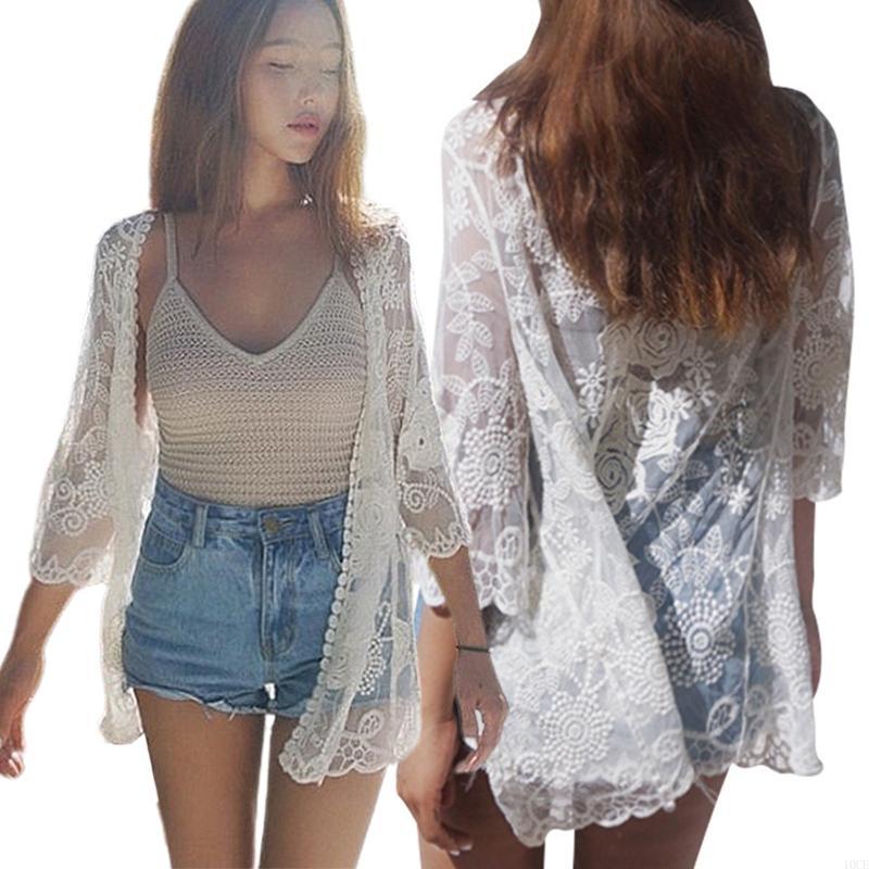 Kimono Sheer Floral - Frauen Spitze offen vorne Kimono Strickjacke