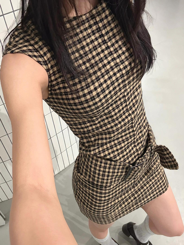 Linen Dress Wrap - Retro Koreanisches Kariertes Schlankmachendes Westenkleid für