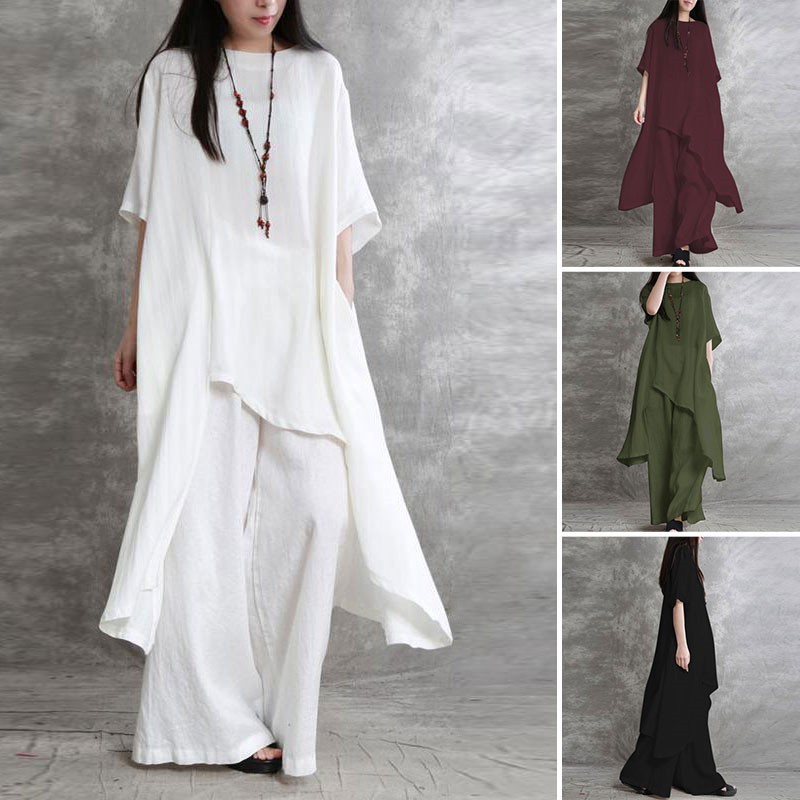 Linen Pant Wide - Damen Baumwolle Leinen 2-teilige Sets große