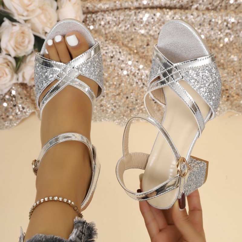 Sandal Strappy Heeled - Damen Blockabsatz-Sandalen Gold Glitzernde Kreuzriemen Knöchelriemen