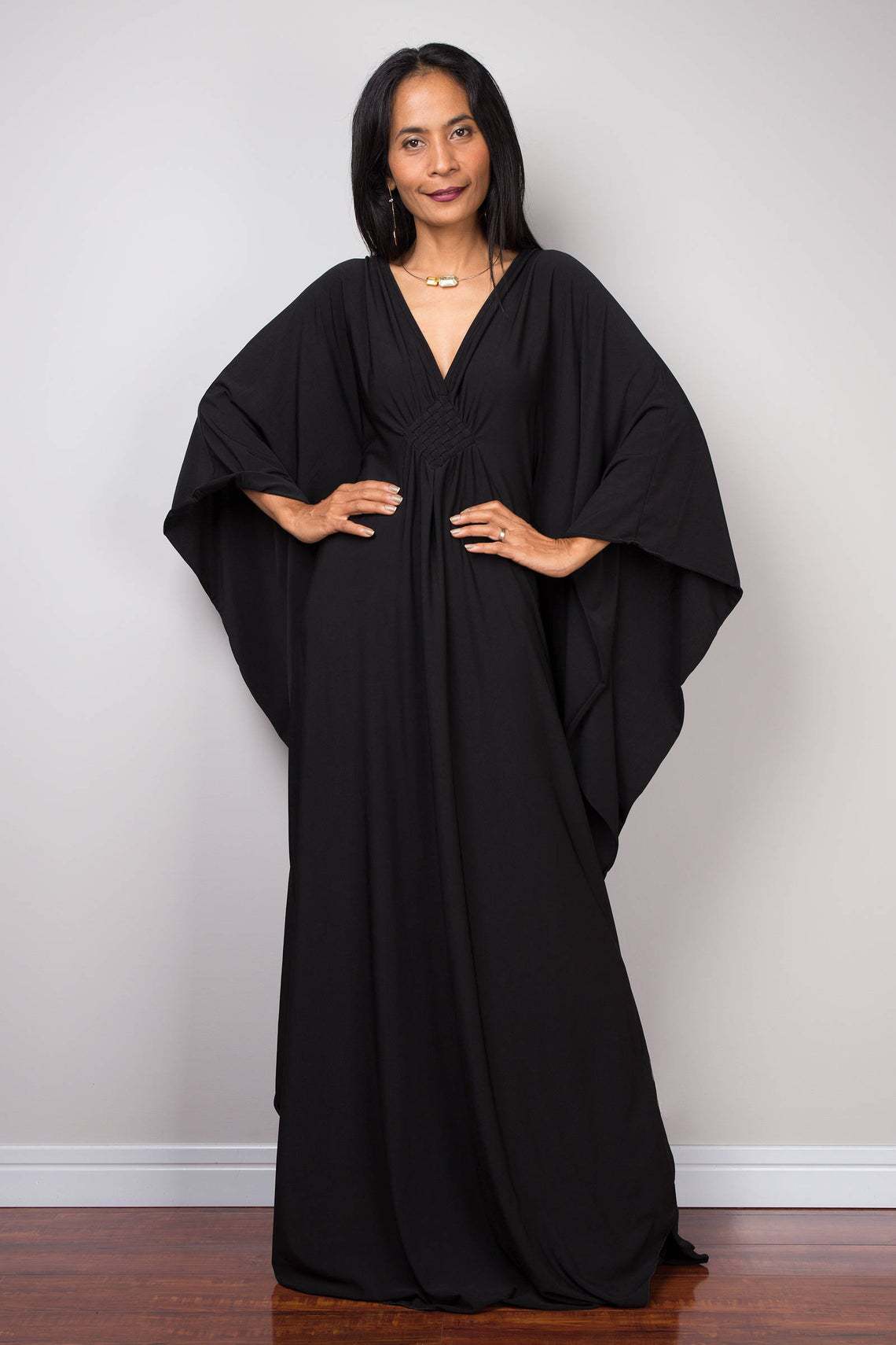 Cover Up Kaftan - Damen Strandkleid in Unifarben mit V-Ausschnitt
