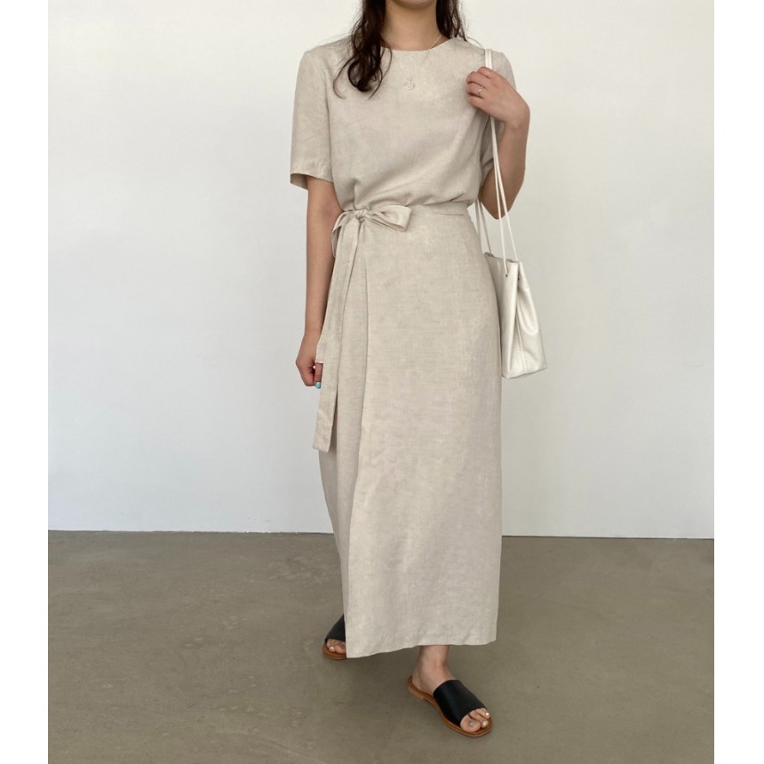 Linen Dress Wrap - Elegantes Baumwoll-Leinen-Wickelkleid mit Gürtel Kurzarm Lässige