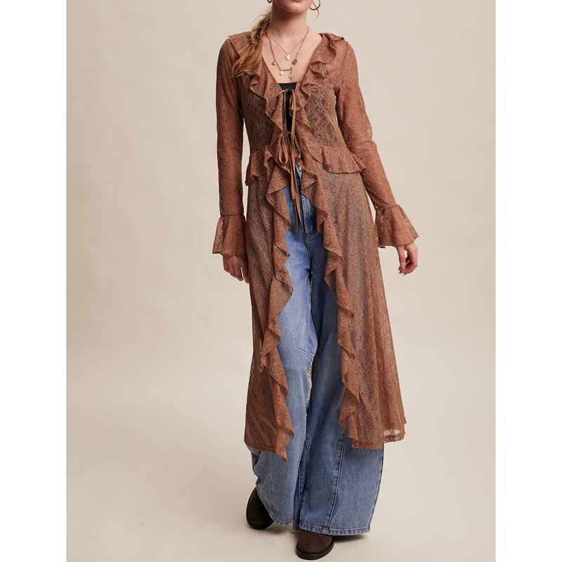 Kimono Sheer Floral - Damen Blumen-Spitzen-Mesh-Oberteil mit Bindedetail vorne, gerüschte,