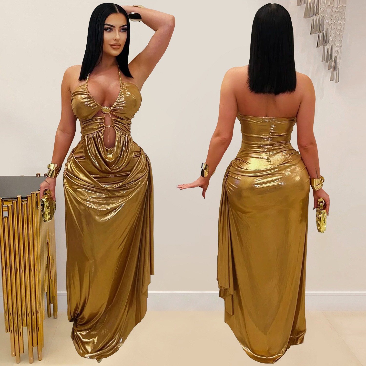 Maxi Dress Halter - Hochzeitsgast-Kleid Abendkleid mit Neckholder Ärmellos Metallisch