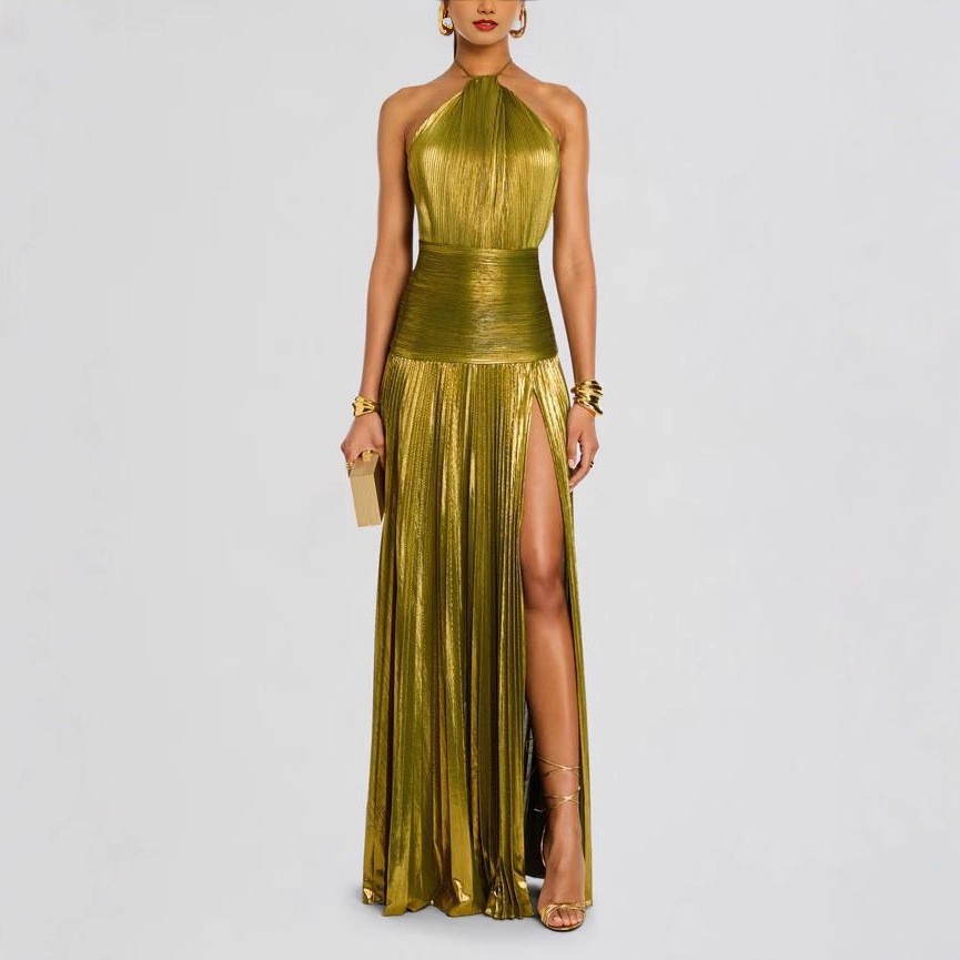 Maxi Dress Halter - Elegantes Partykleid Ärmelloses Langes Kleid Plissiertes