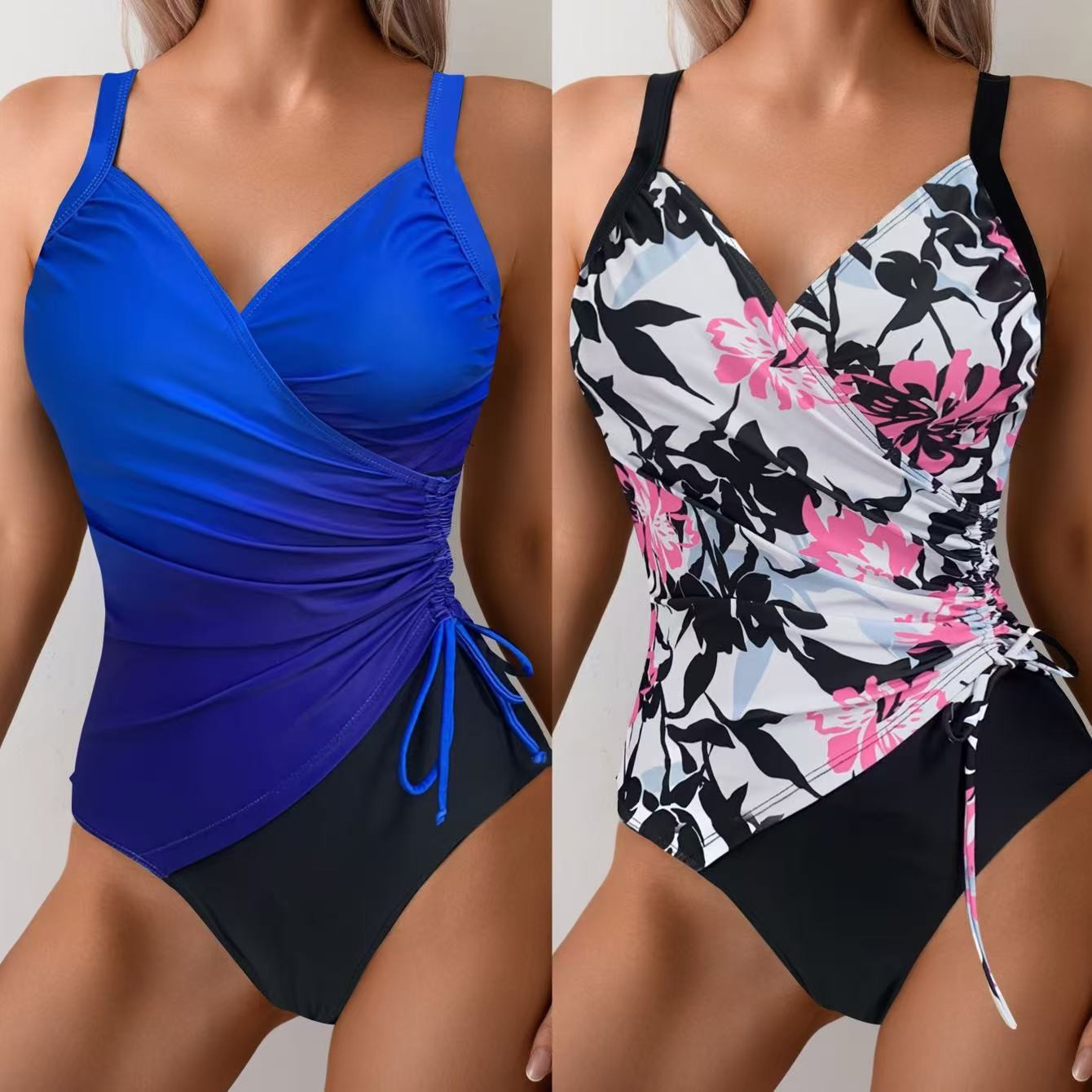 Swimsuit Bikini Ruched - Damen Tankini mit Bauchkontrolle, ärmellos, V-Ausschnitt,