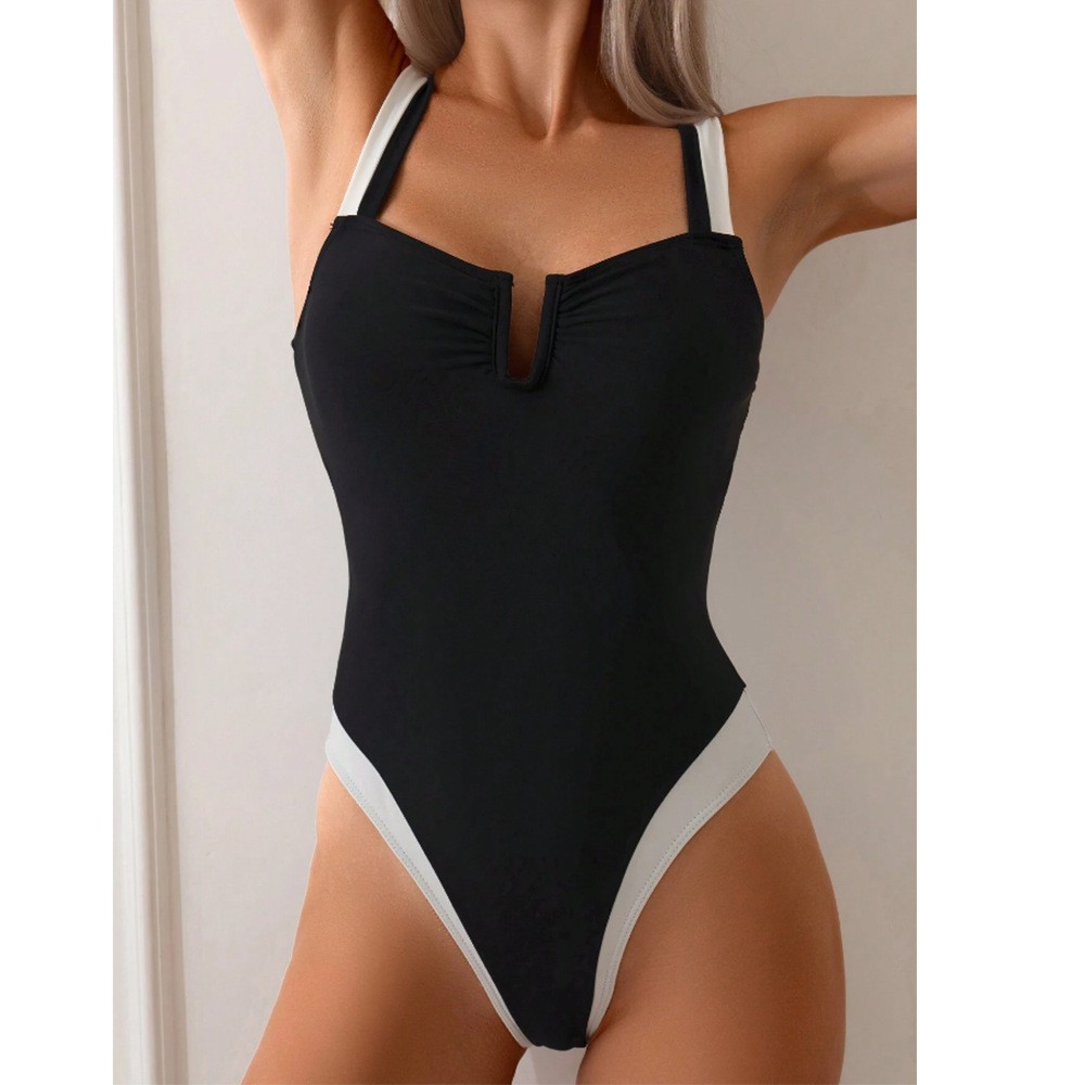 Swimsuit Bikini Ruched - 2026 Damen-Tankini mit tiefem V-Ausschnitt, Schwarz-Weiß,