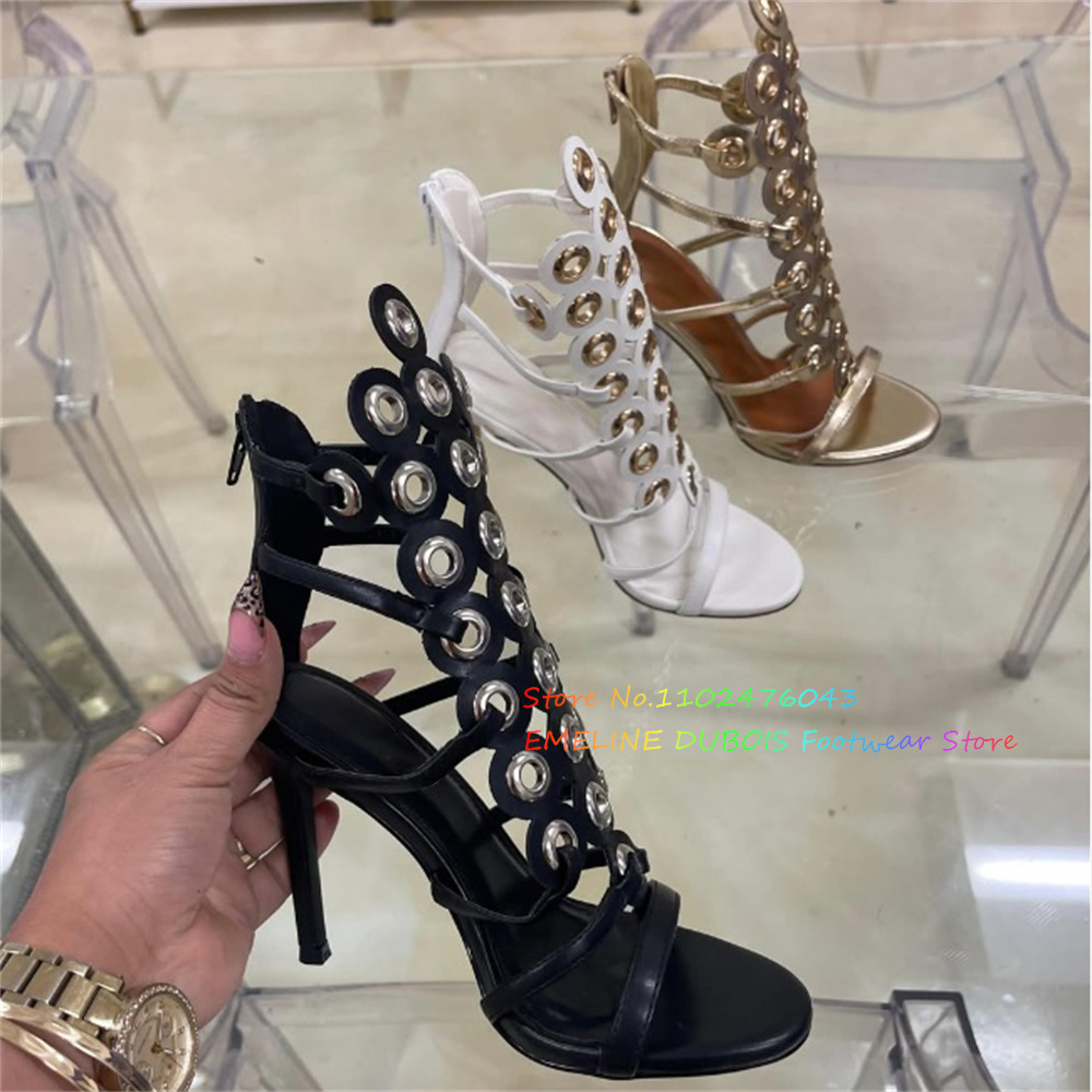 Sandal Strappy Heeled - Goldene Metallkreis-Dekor High Heel Sandalen für