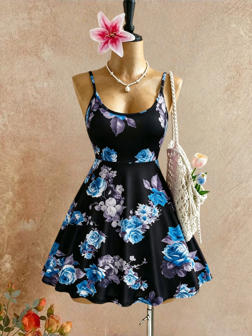Romper Floral Print - Übergröße Damen Spaghetti-Träger U-Ausschnitt Blaues Blumenmuster
