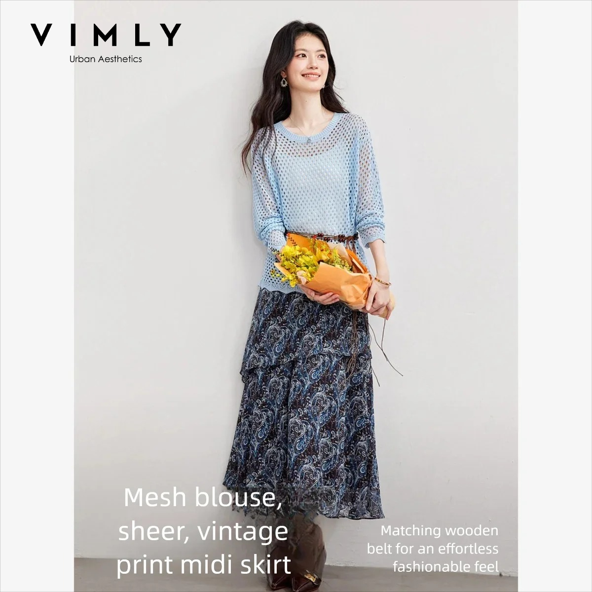 Midi Skirt Floral - VIMLY Damen Zweiteiler 2026 Herbstmode Eleganter