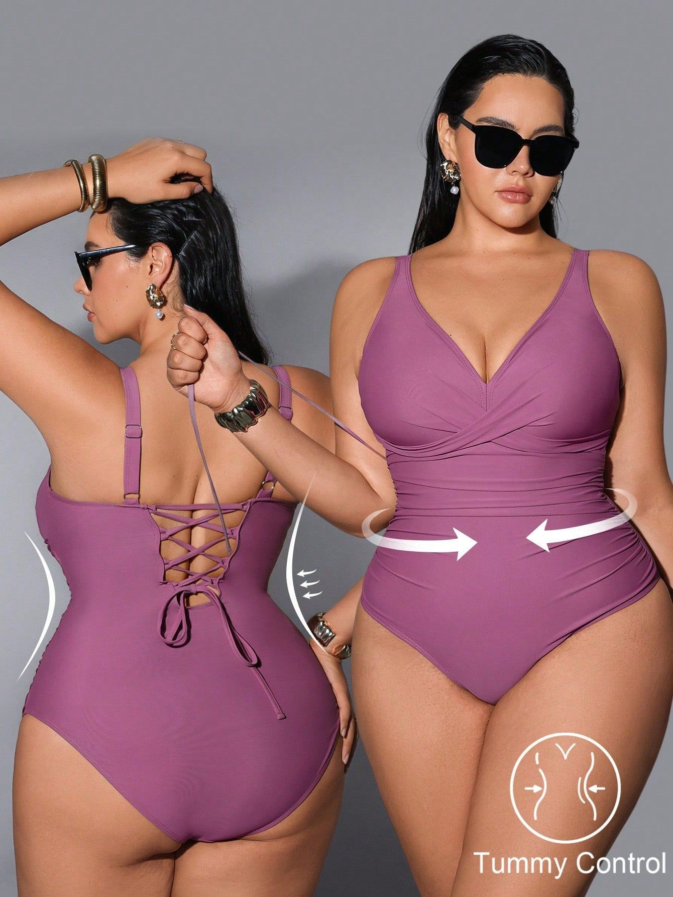 Swimsuit Bikini Ruched - Bademode 2026 Badeanzug Damen Übergröße V-Ausschnitt