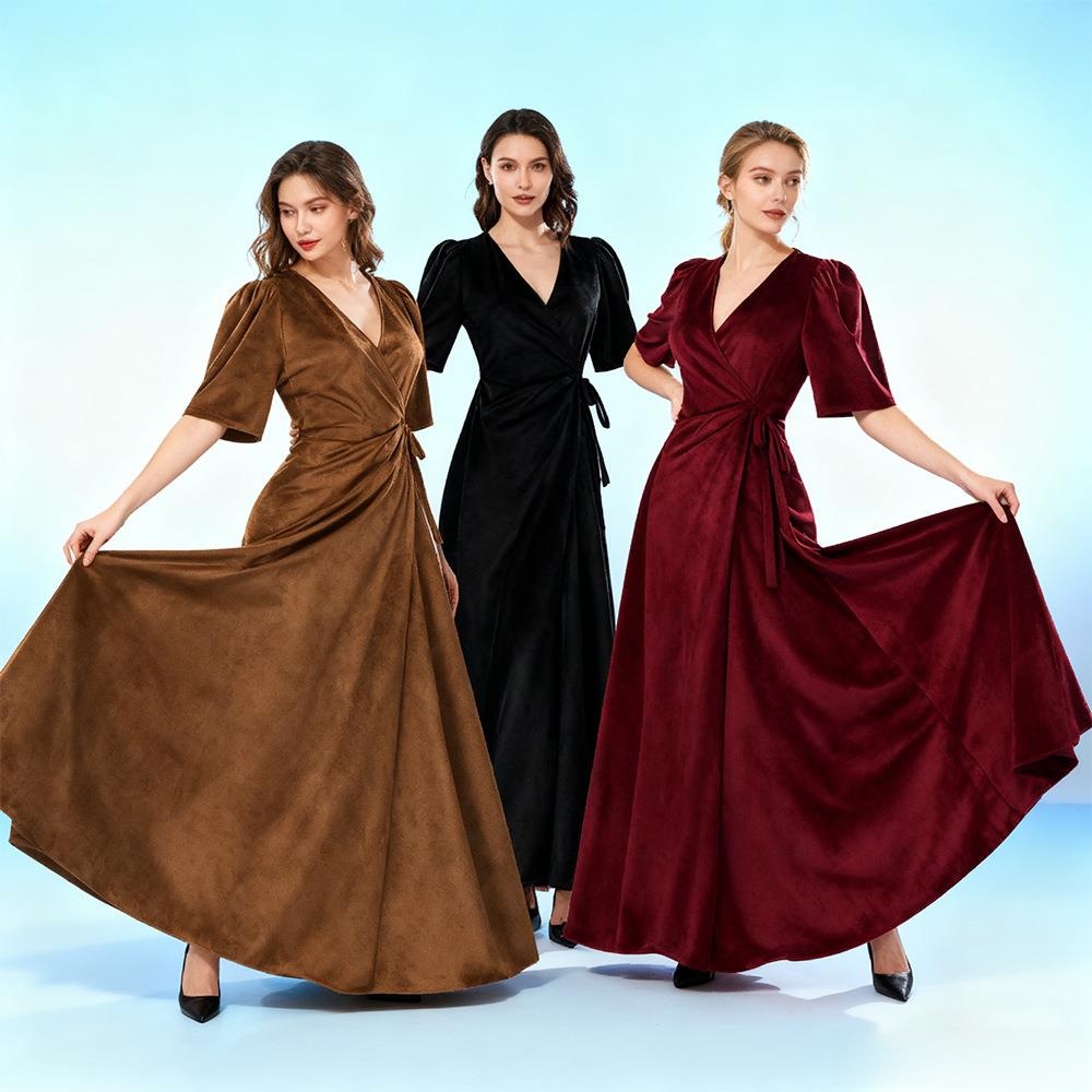 Linen Dress Wrap - Damen Langes V-Ausschnitt Wickelkleid Schmal Geschnittenes