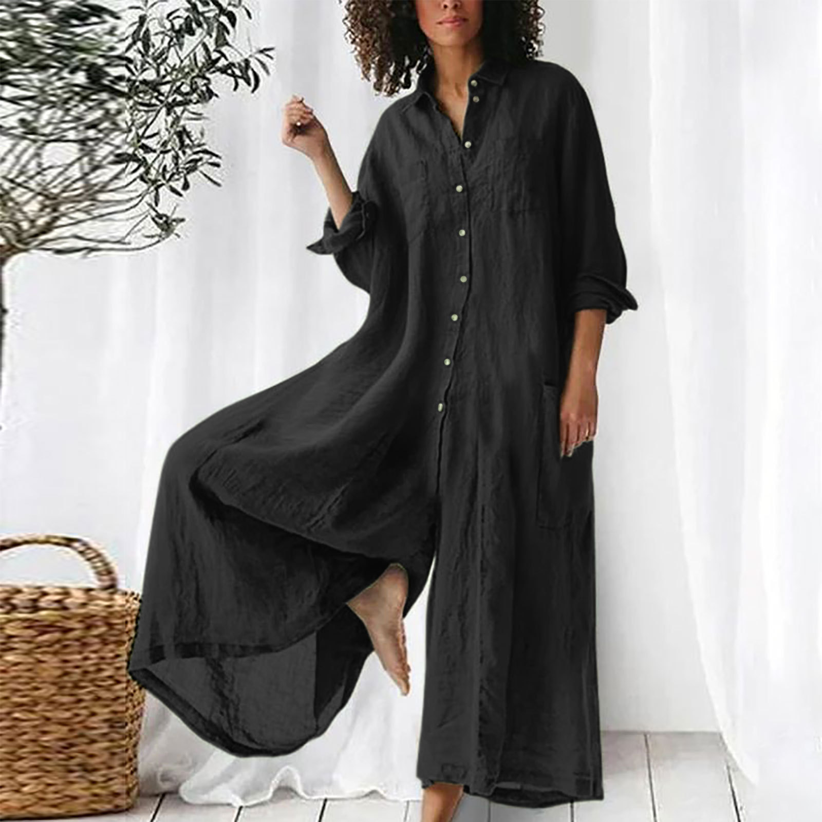 Jumpsuit Linen Relaxed - Damen-Jumpsuit für den Alltag, langärmlig, mittellang,