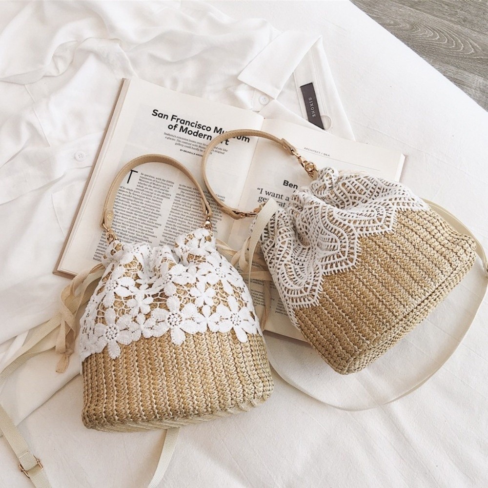 Tote Bag Beach - Vintage Spitzen-Stroh-Schultertasche Böhmische Blumen-Webtasche Bucket Bag
