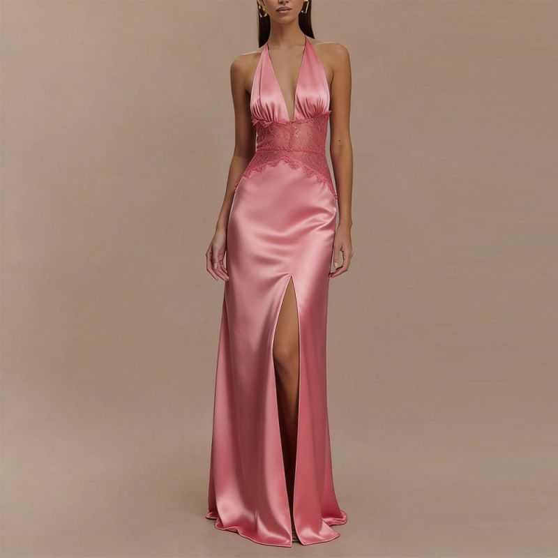 Maxi Dress Halter - Sexy rückenfreies Neckholder-Maxikleid aus rosa Satin