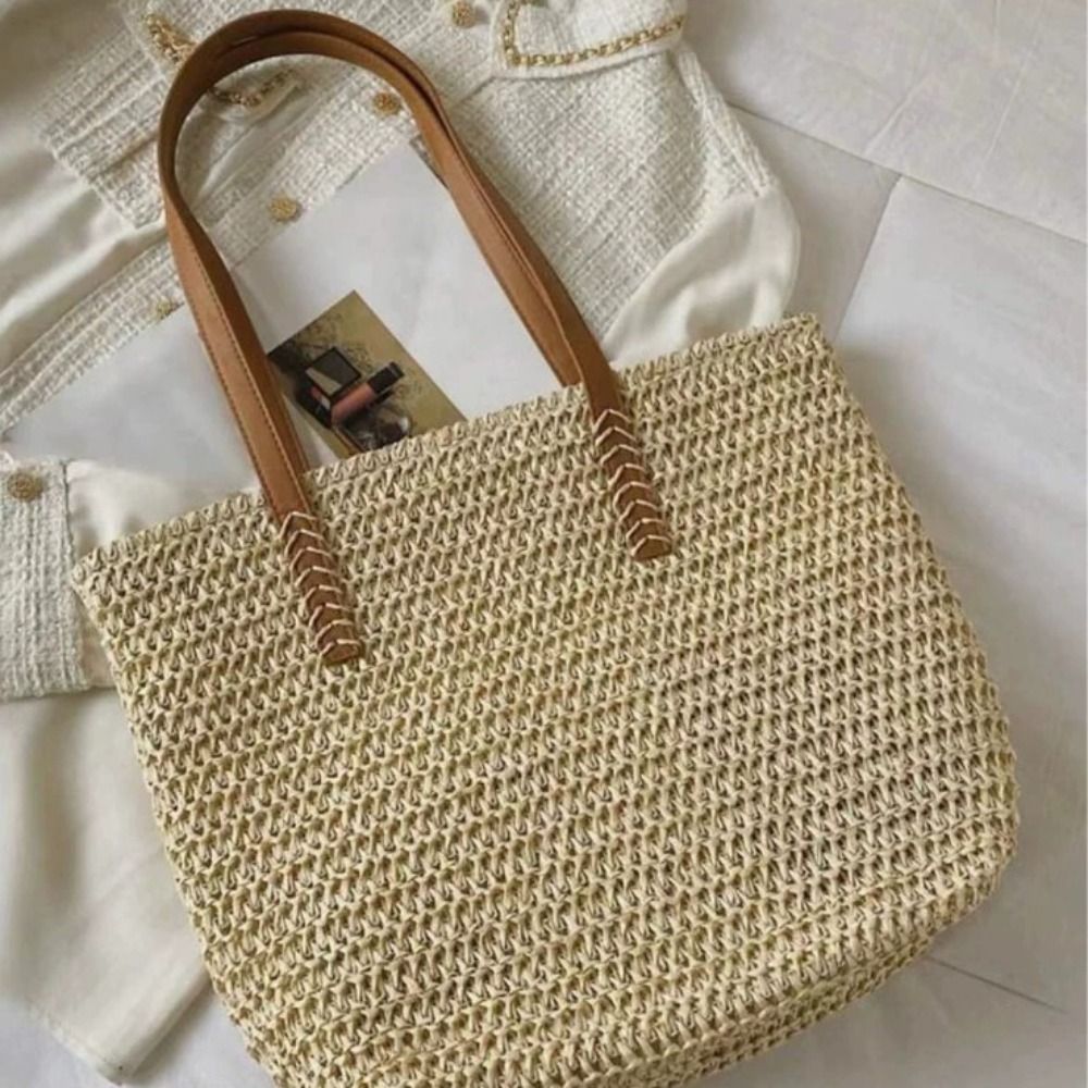 Tote Bag Beach - Niedliche Einfarbige Gewebte Stroh-Tragetasche Quadratische Geflochtene