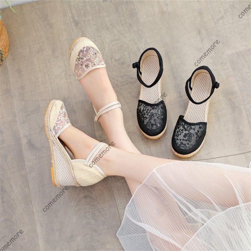 Wedge Espadrille Women - Damen-Sandalen mit Spitze und Mesh, Espadrille-Keilabsatz,