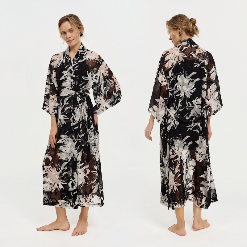 Kimono Sheer Floral - Damen Kimono aus schwarzem und weißem