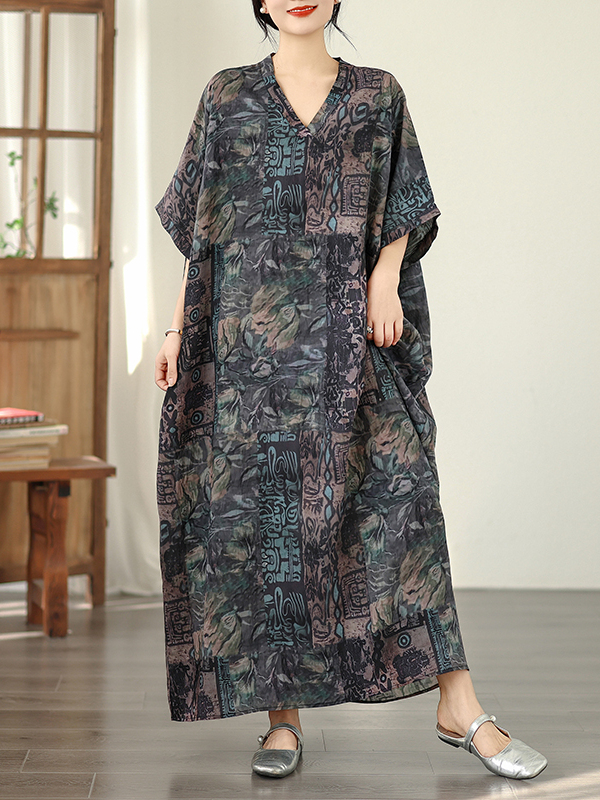 Linen Dress Wrap - Sommerliches Blumenmuster Urlaubsstil Reise-V-Ausschnitt Retro Langes