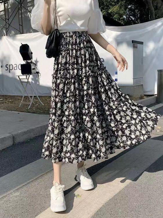 Midi Skirt Floral - Blumendruck A-Linien-Midirock in Übergröße mit elastischem