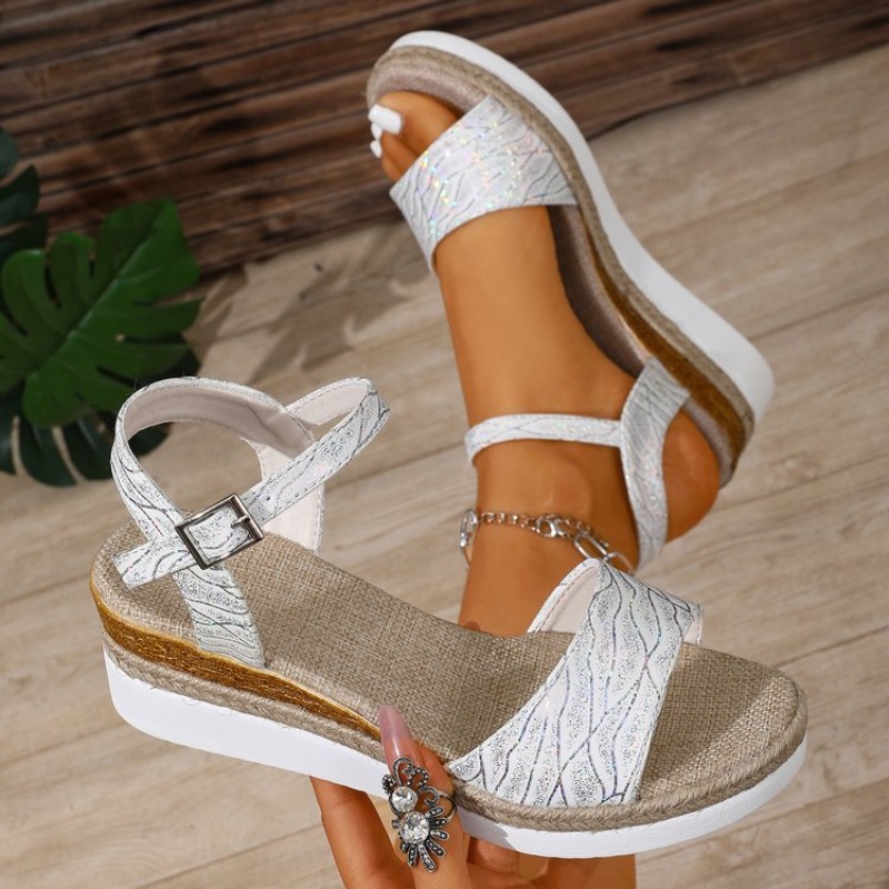 Wedge Espadrille Women - Keilsandaletten für Damen Weiße Plateauabsätze Knöchelriemen