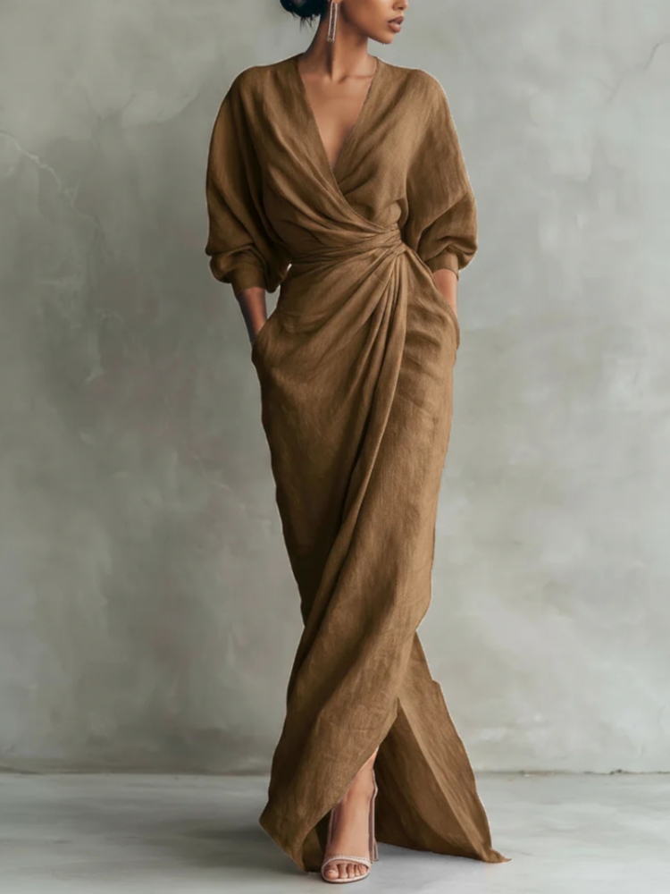 Damen Leinen-Mix Wickel-Maxikl – Linen Dress Wrap Bewertung und Preis