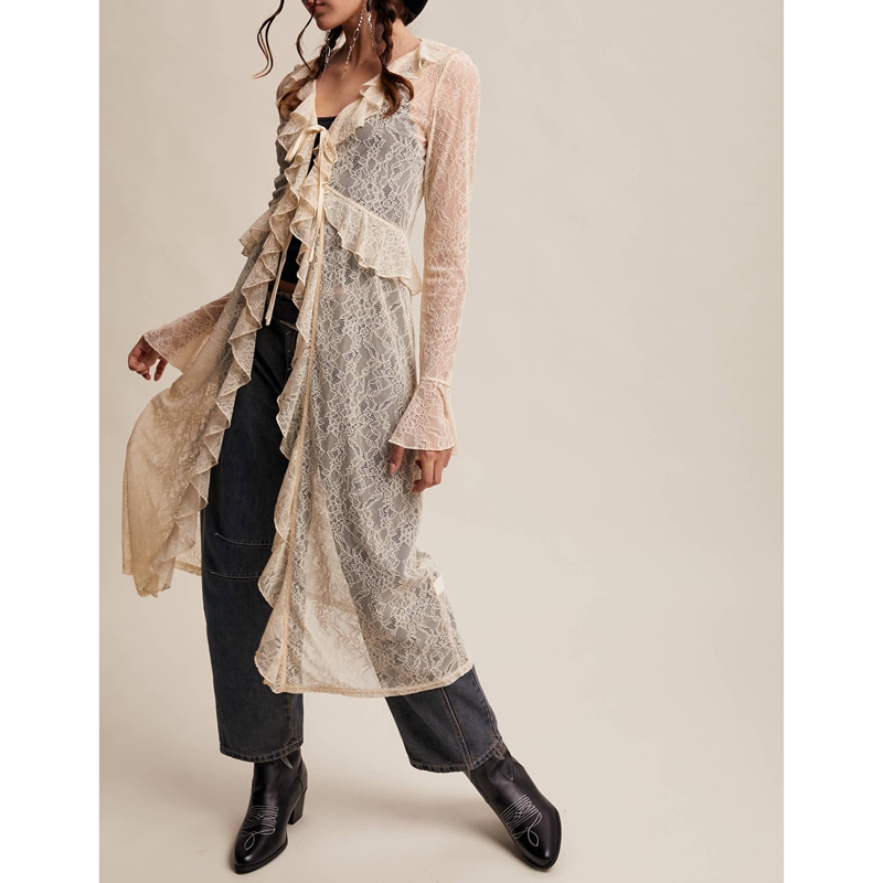 Damen Blumen-Spitzen-Mesh-Ober – Kimono Sheer Floral Bewertung und Preis