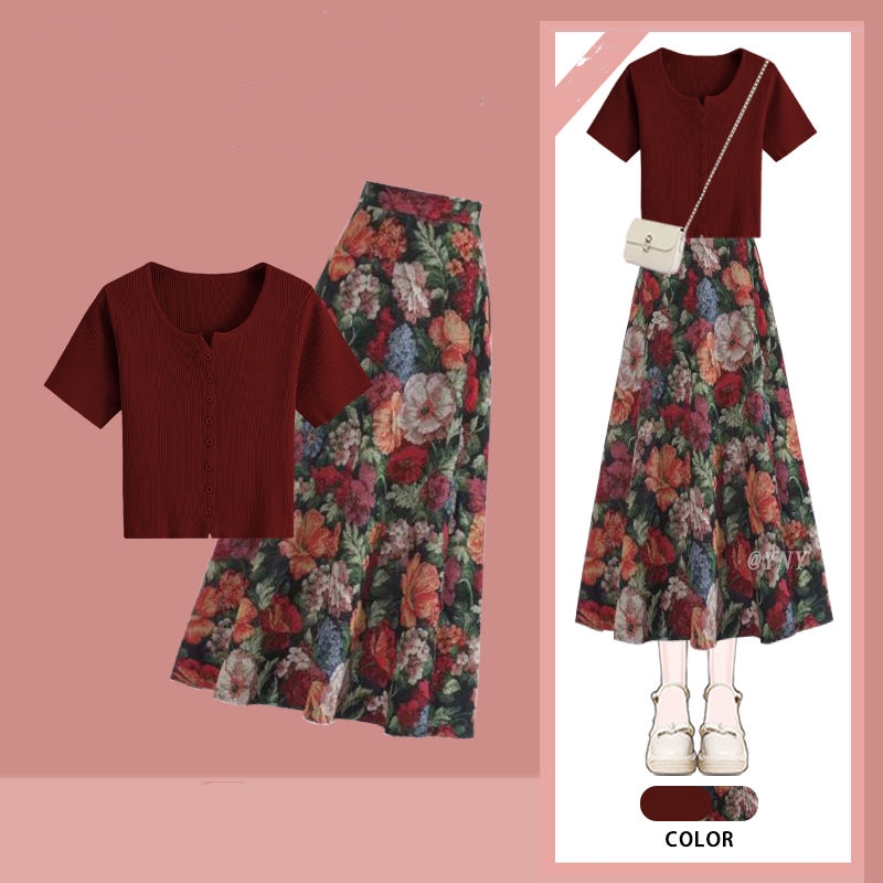 Frauen Glück Weinrot T-Shirts  – Midi Skirt Floral Bewertung und Preis